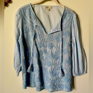 Embroidered sky blue peasant cotton tunic